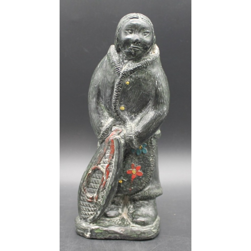 Vintage Wolf Sculptures Canadian Inuit Style Figure Woman w Snowshoe 9" Resin